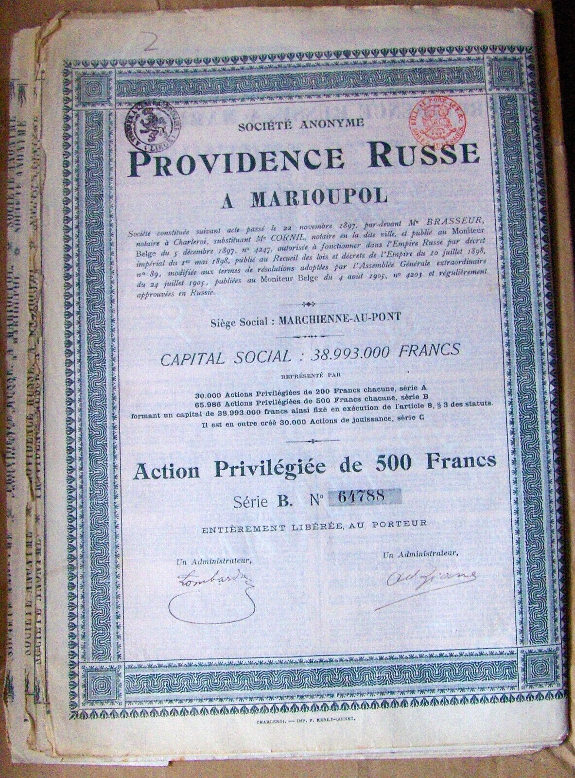 Russian/belgium Privilege 500 Francs Bond Providence In Mariupol 1905, Ukraine